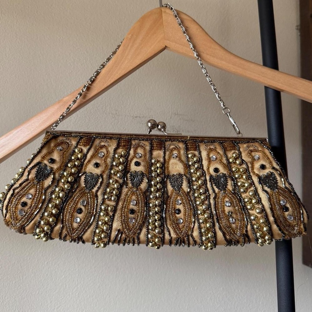 Vintage Beaded Evening Bag Gold Tone Chain Brown Gold Embroidered Purse
